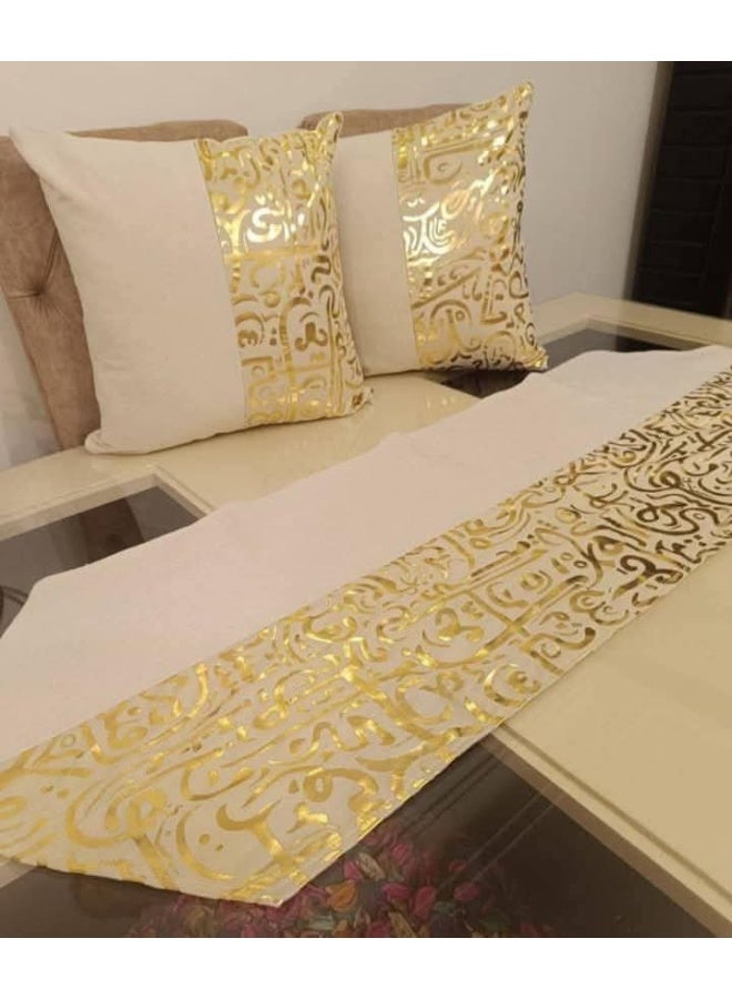 طقم رانر وكوشن رمضان رانر و2 كفر مخدة الخامة قطيفة مقاس الرانر 140 سم مقاس الكوشن 40*40 سم